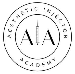 Aesthetic Injector Academy logo with AIA letters and syringe symbol in circular black and white design