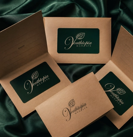 Ventarion Botanicals branded packaging boxes with window cutouts displaying logo on dark green silk background - in Alpharetta, GA