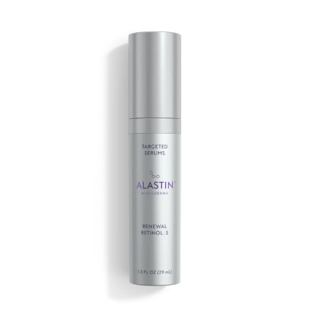 Alastin Restorative Skin Complex anti-aging serum bottle with silver pump dispenser on white background