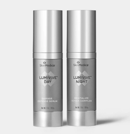 SkinMedica Lumivive Day and Night System anti-aging serum duo in silver bottles