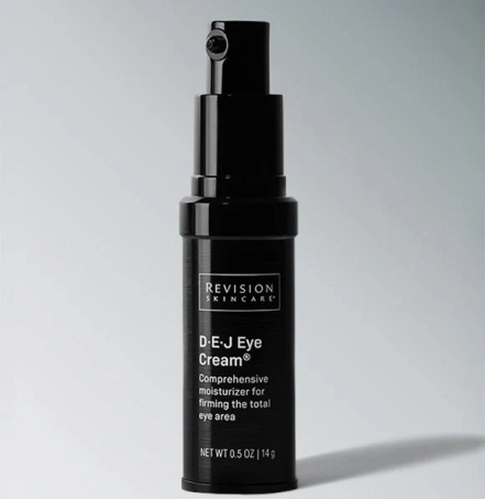 Revision Skincare D-E-J Eye Cream in black pump bottle with anti-aging formula for under-eye area