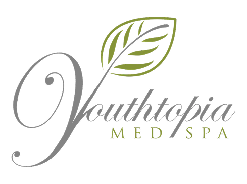 Youthtopia Med Spa logo with elegant script text and green leaf design