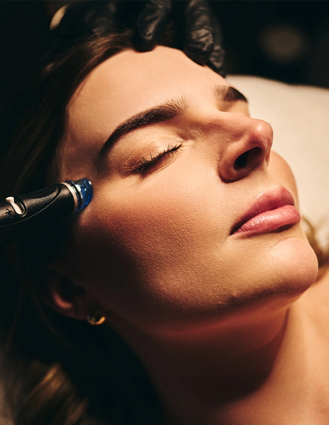Woman receiving professional microneedling facial treatment at beauty clinic with derma pen device - Hydrafacial in Alpharetta, GA
